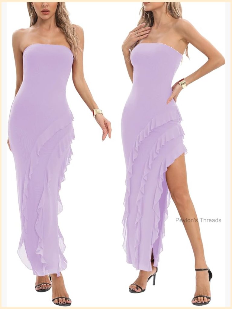 Women's Strapless Ruffled Hem Maxi Dress High Slit Cocktail Gown